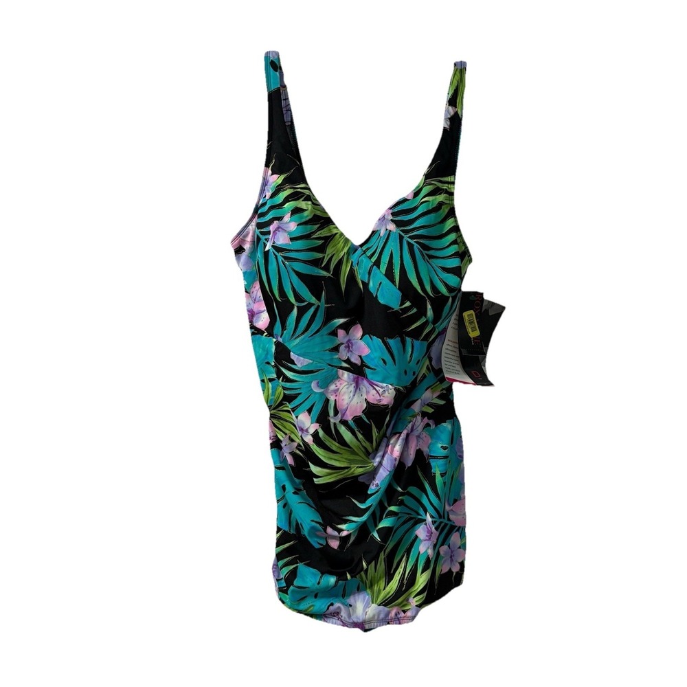 Roxanne Plus Size Bra Fit‎ Swimsuit Black Tropical Print Metallic Gold Sz 18/42D